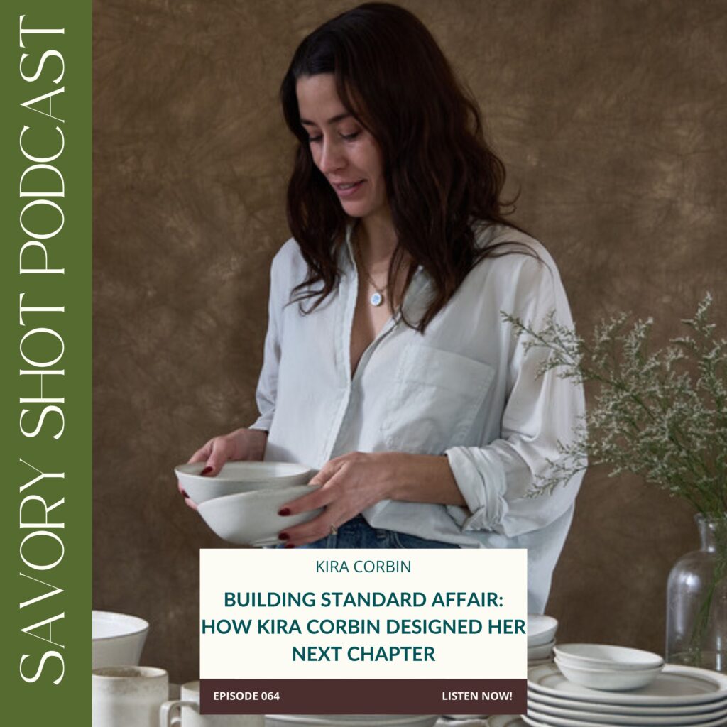 Kira Corbin holding ceramic bowls, featured guest on The Savory Shot Podcast, Episode 064: Building Standard Affair.