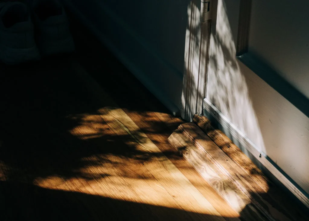 November light casting soft shadows on a wooden floor.
