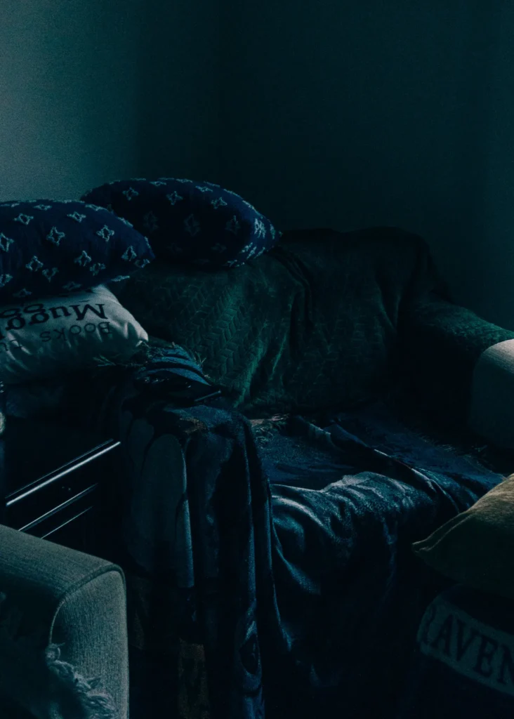 Moody blue hour scene reflecting November light indoors.