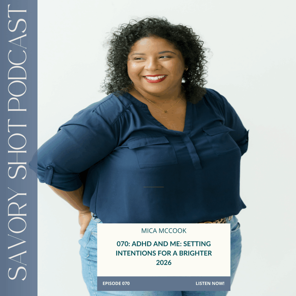 Mica McCook smiling in studio portrait for Savory Shot episode on ADHD creativity burnout